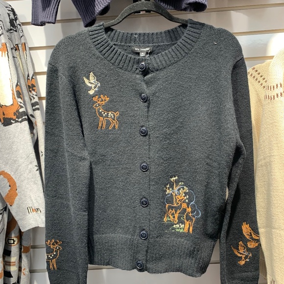 NWT Blu Pepper Black button down sweater with deer print